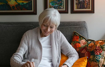 a senior woman looking down and smiling while sitting on a couch in her Baltimore senior apartment
