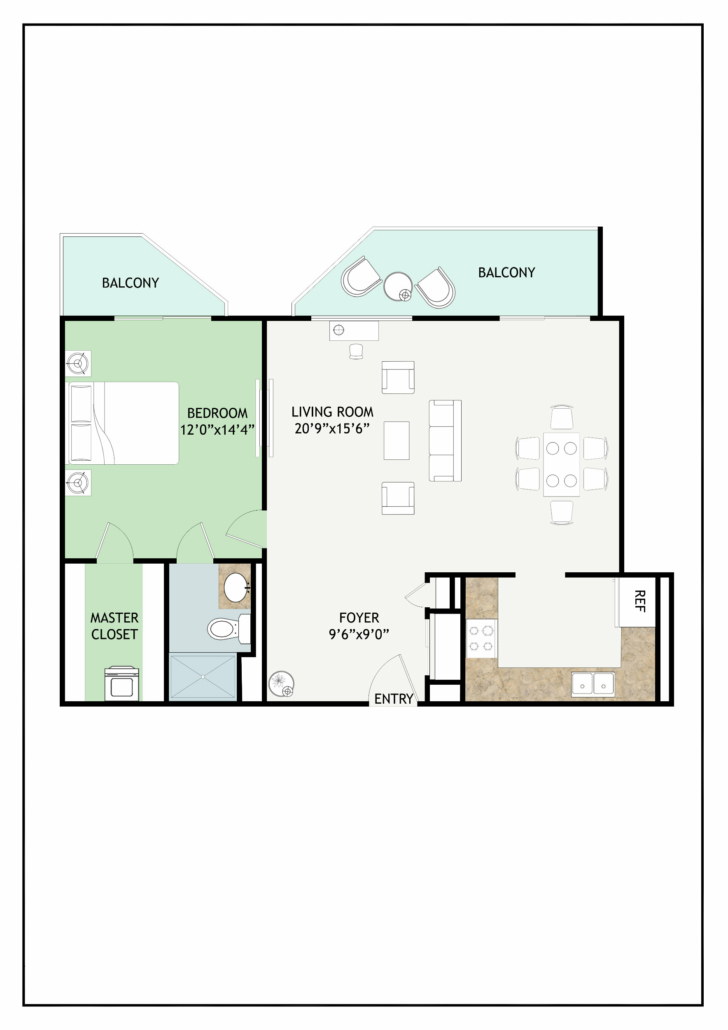 StonyRun 1 bedroom senior living apartment with 2 balconies 2D floorplan