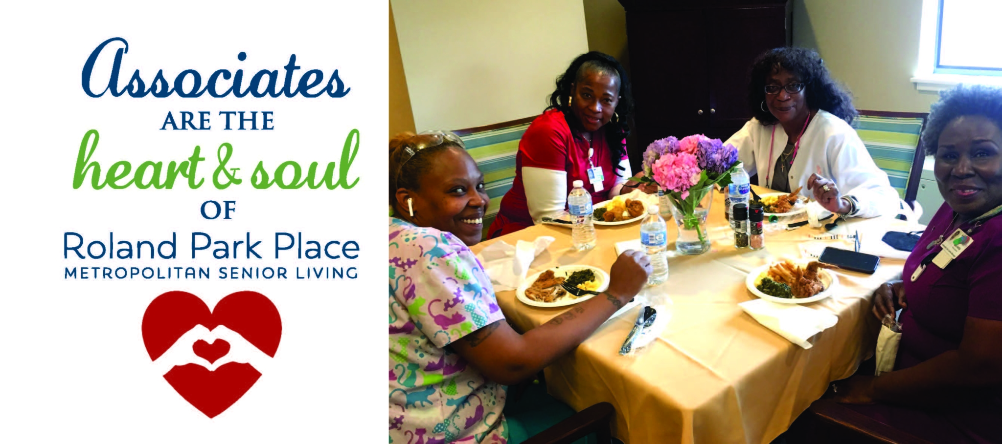 banner showing a group of associates enjoying a meal around a table at Roland Park Place with text on the left that reads "Associates are the heart and soul of Roland Park Place Metropolitan Senior Living"