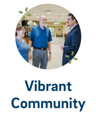 circular photo of a senior couple talking to a staff member at Roland Park Place with the text "Vibrant Community" underneath