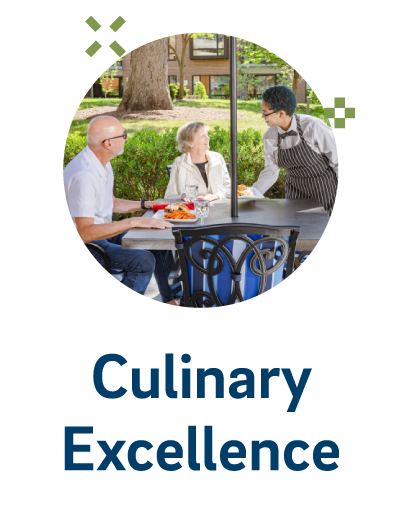 circular photo of 2 seniors enjoying a meal outdoors at Roland Park Place with the text "Culinary Excellence" underneath