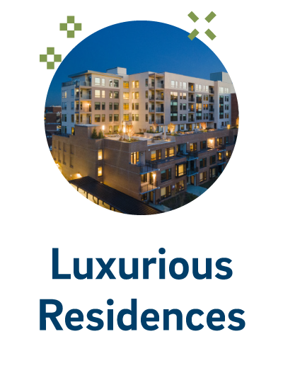circular photo of Roland Park Place's residences with the text "Luxurious Residences" underneath