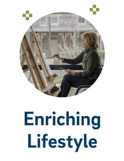 circular photo of a woman painting on an easel with the text "Enriching Lifestyle" underneath