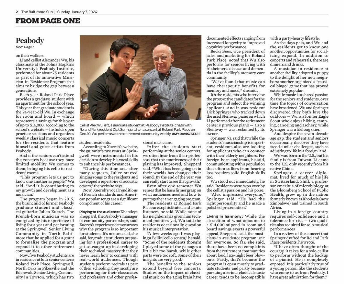 image of Baltimore Sun article about Roland Park Place's partnership with The Peabody Institute