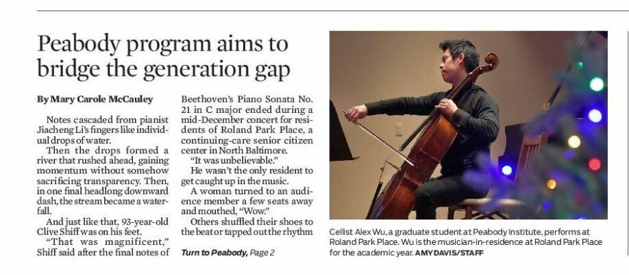 First page image of Baltimore Sun article about Roland Park Place's partnership with The Peabody Institute